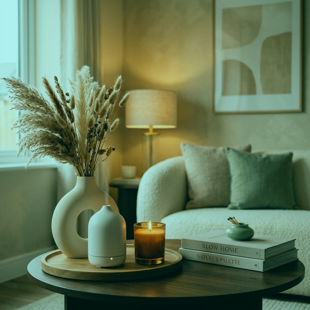 Styled living room table with a ceramic vase, aroma diffuser and candle in soft sage tones