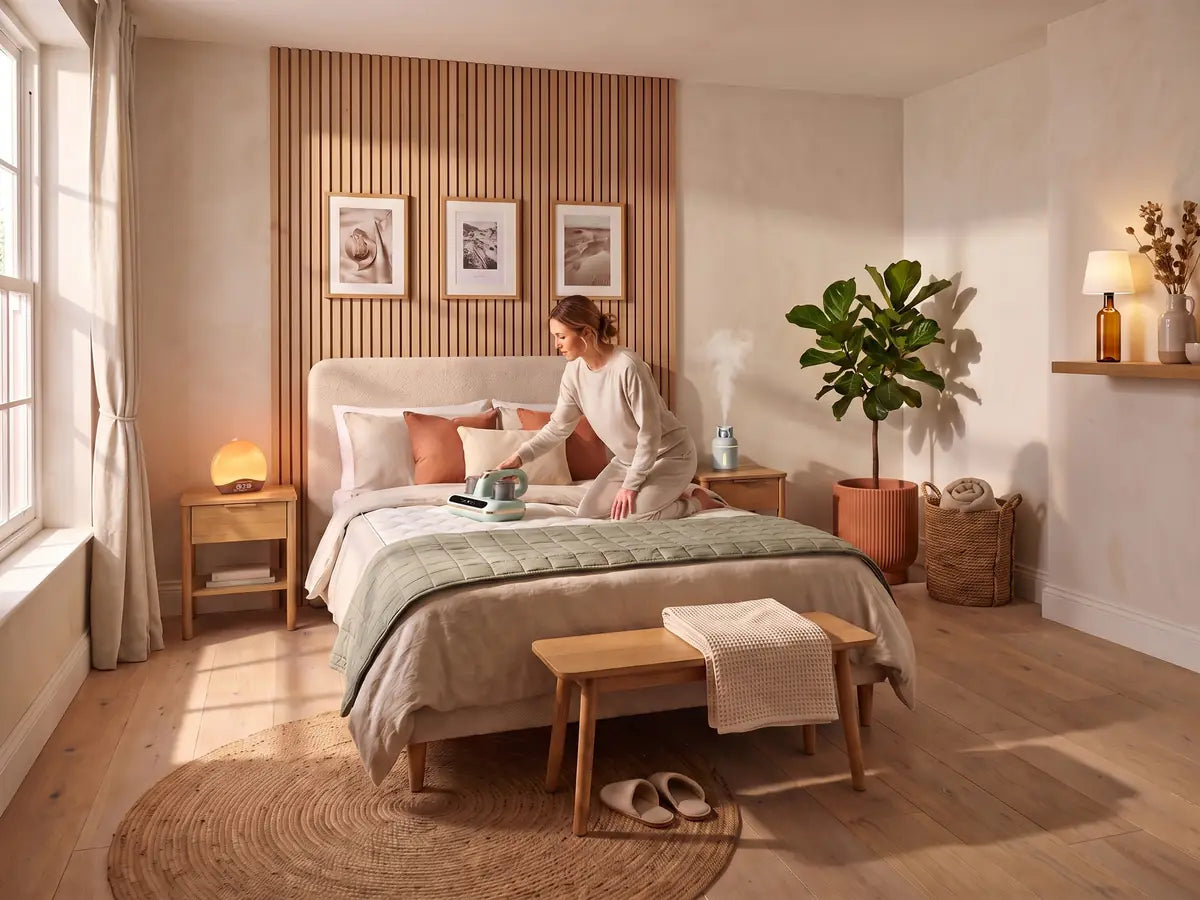A bedroom and bathroom with the mattress vacuum on the bed and the shower head fitted