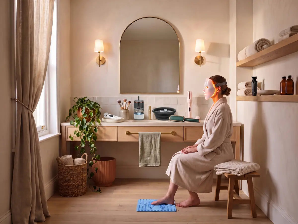 A bathroom vanity with the LED face mask, sculpting wand and lip mask laid out