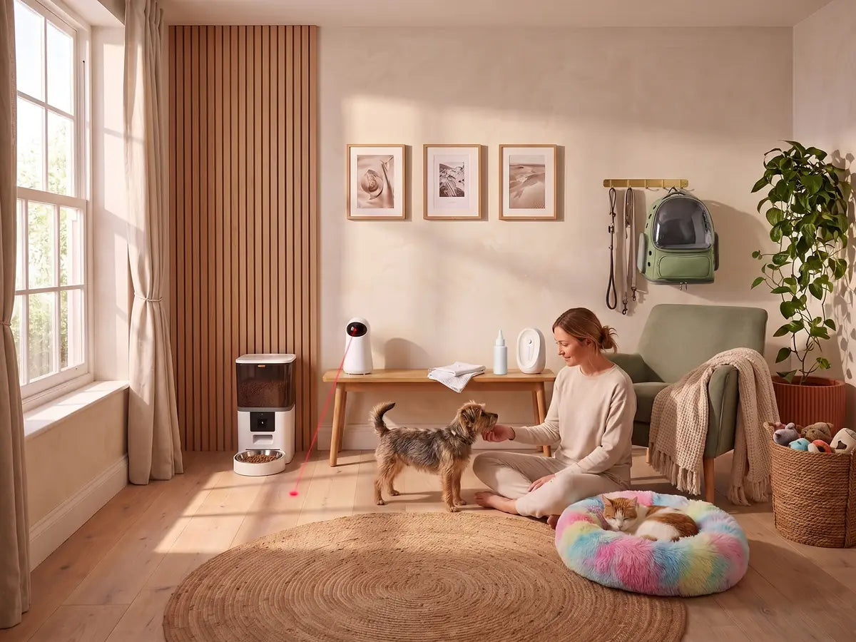 A hallway corner set up for a cat and dog, with the carrier, leads and litter tray