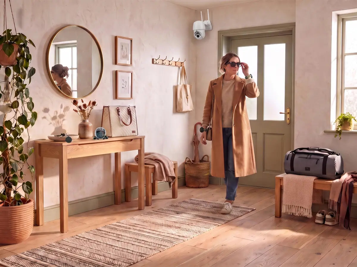 A hallway at dusk with the smart glasses, tracker and weekend bag by the door