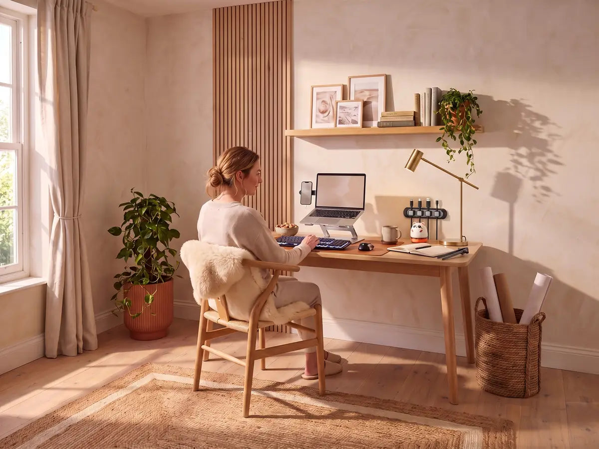 A desk by the window with the laptop stand, keyboard and desk vacuum
