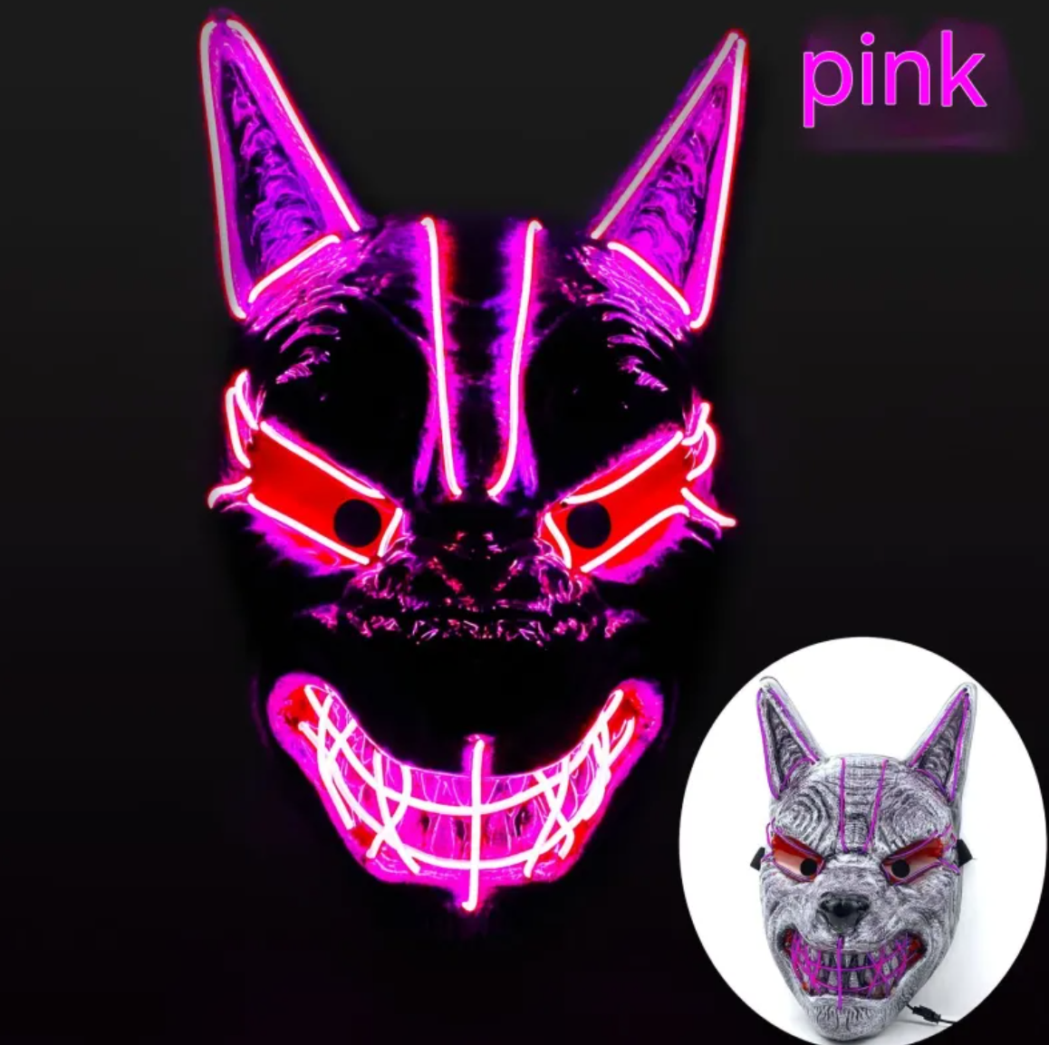 LED Full Face Luminous Halloween Mask, Light-Up Glowing Mask for Cosplay & Rave — Single Colour per Mask, 10 Colourways