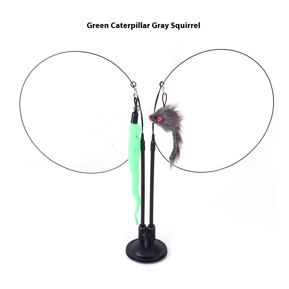 Cat Teaser Toy with Suction Cup Base, Interactive Wand Toy with Butterfly, Squirrel & Caterpillar Attachments — Multiple Styles