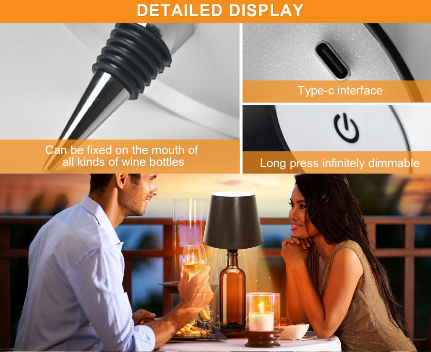 LED Bottle Lamp Rechargeable Dimmable Table Lamp, Wireless Wine Bottle Light Kit with Touch Dimming & 3 Color Modes — Black / White