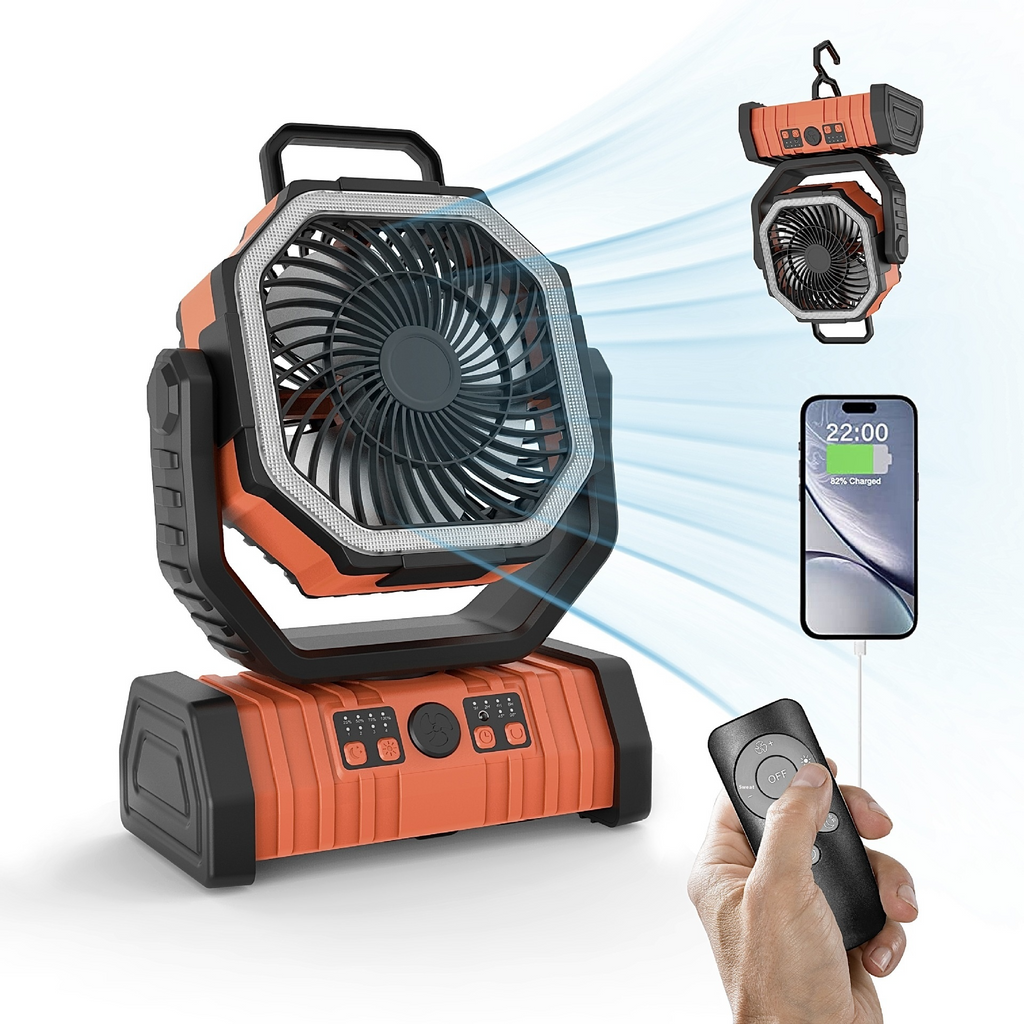 Outdoor Camping Fan Power Bank with LED Light, 3-in-1 Portable Rechargeable Fan with 10000/20000mAh Power Bank & Oscillating Airflow — F6 / F8