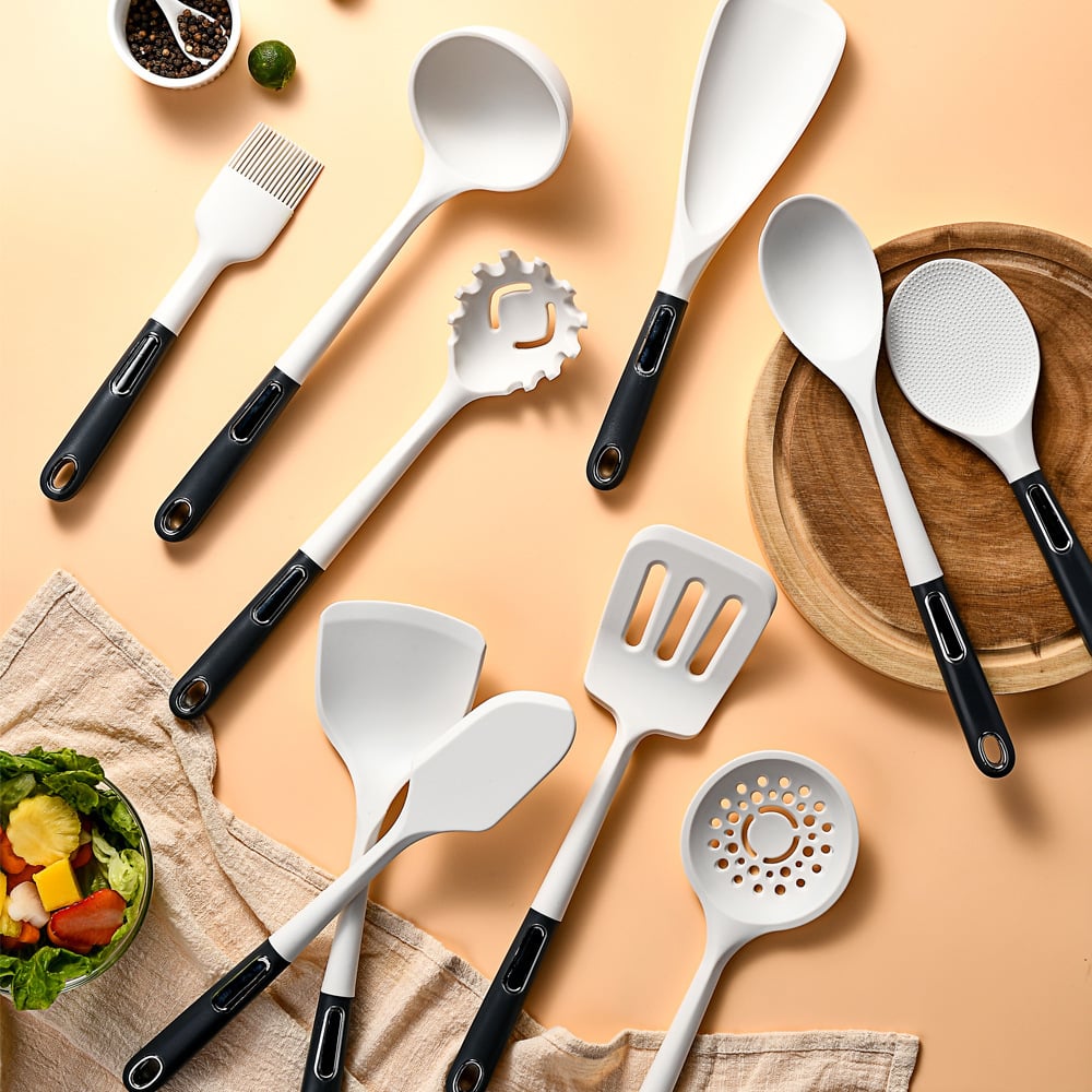 13-Piece Nonstick Silicone Cooking Utensil Set, Heat-Resistant BPA-Free Kitchen Tools with PP Handles, Includes Storage Seat — White