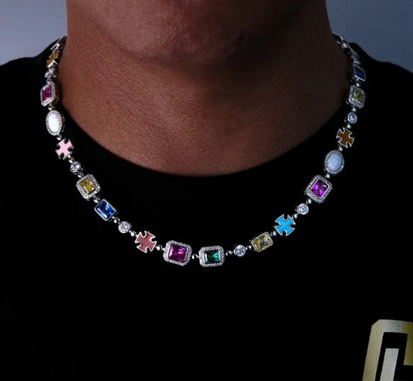 Hip-Hop Gemstone Statement Chain Necklace & Bracelet, Colorful Cubic Zirconia Iced-Out Chain in Gold or Silver-Tone Finish — Multiple Lengths