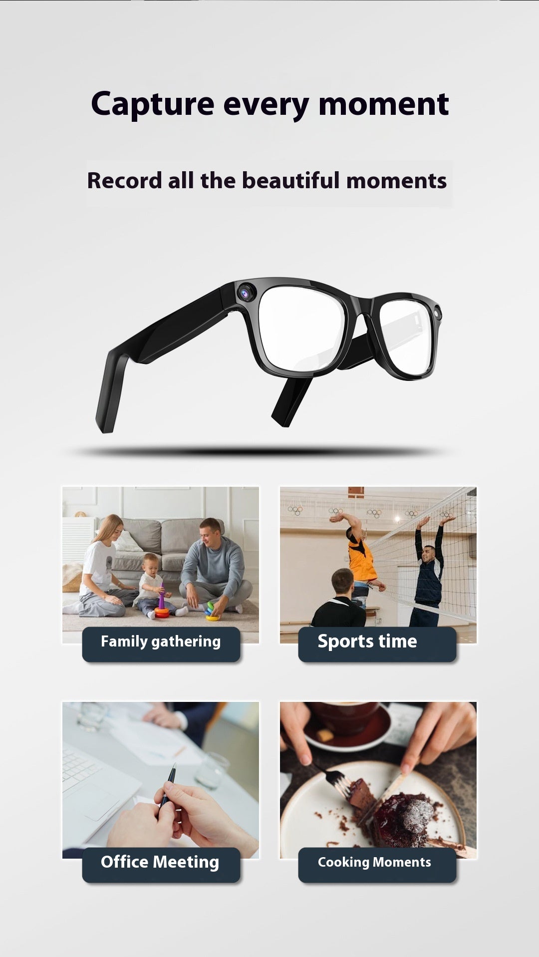 AI Camera Smart Glasses, HD Video Recording Smart Glasses with Anti-Shake, Voice Calls, Translation & Object Recognition — Sunglasses / Clear Lens