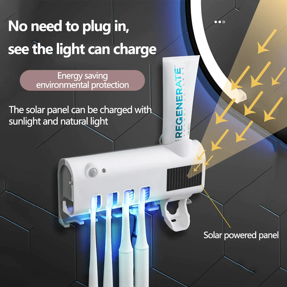 UV Toothbrush Sterilizer Holder & Automatic Toothpaste Dispenser, Wall-Mounted 4-Slot Toothbrush Sanitizer with UV-C Light — White