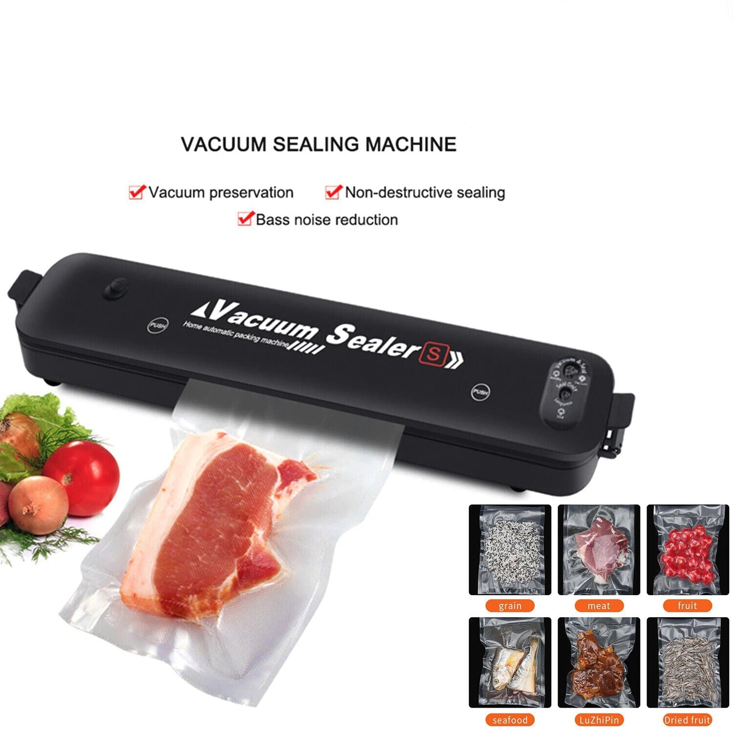 Vacuum Sealer Machine for Food Preservation, Automatic One-Touch Food Saver with Seal Bags — with 15 or 50 Bags