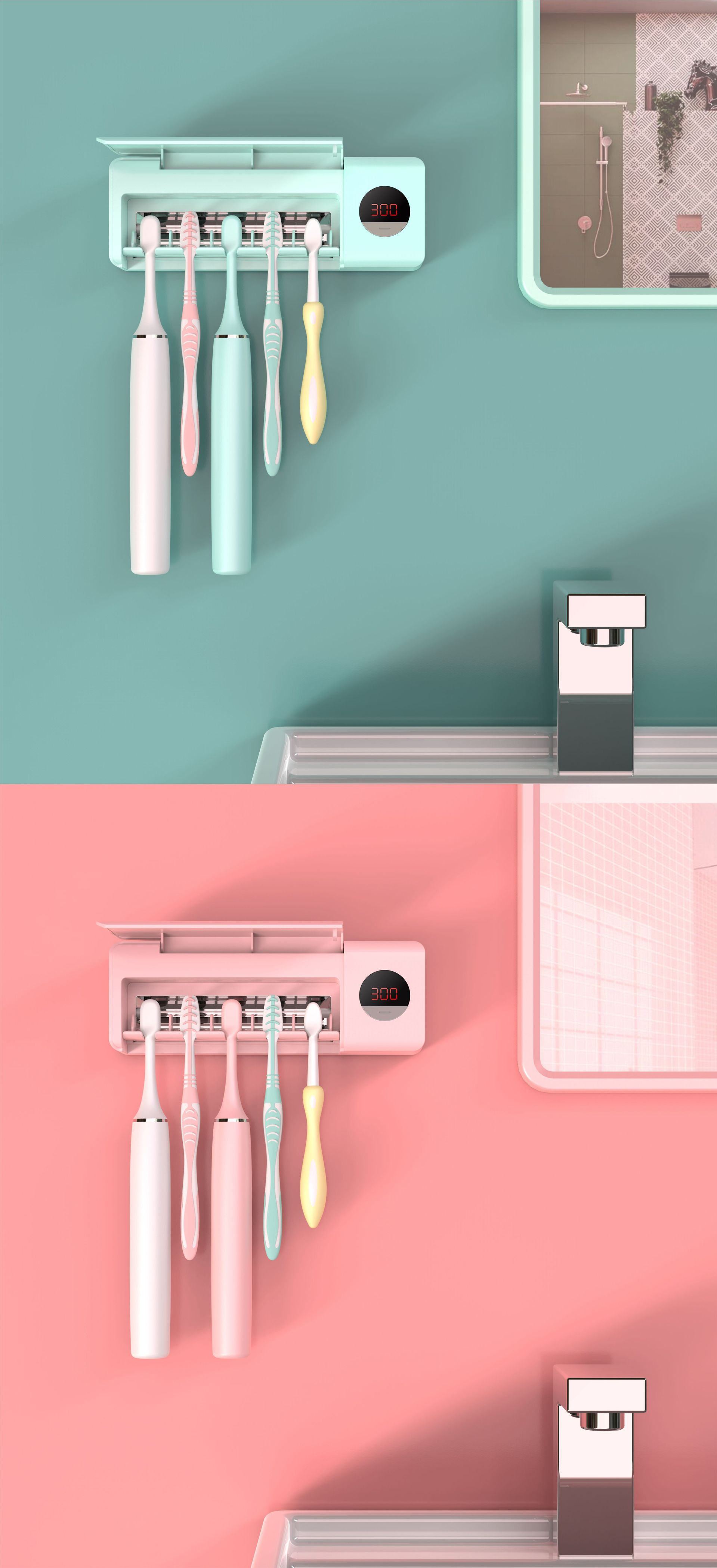 UV Toothbrush Sterilizer Rack, Wall-Mounted Toothbrush Holder with UV Sterilization & USB Charging — White / Pink / Green