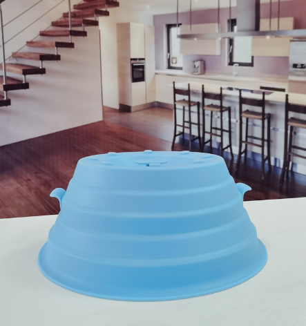Silicone Microwave Folding Cover, Collapsible Splatter Guard with Side Grip Handles & Steam Vents, 28x28x11.5cm Expanded — Blue