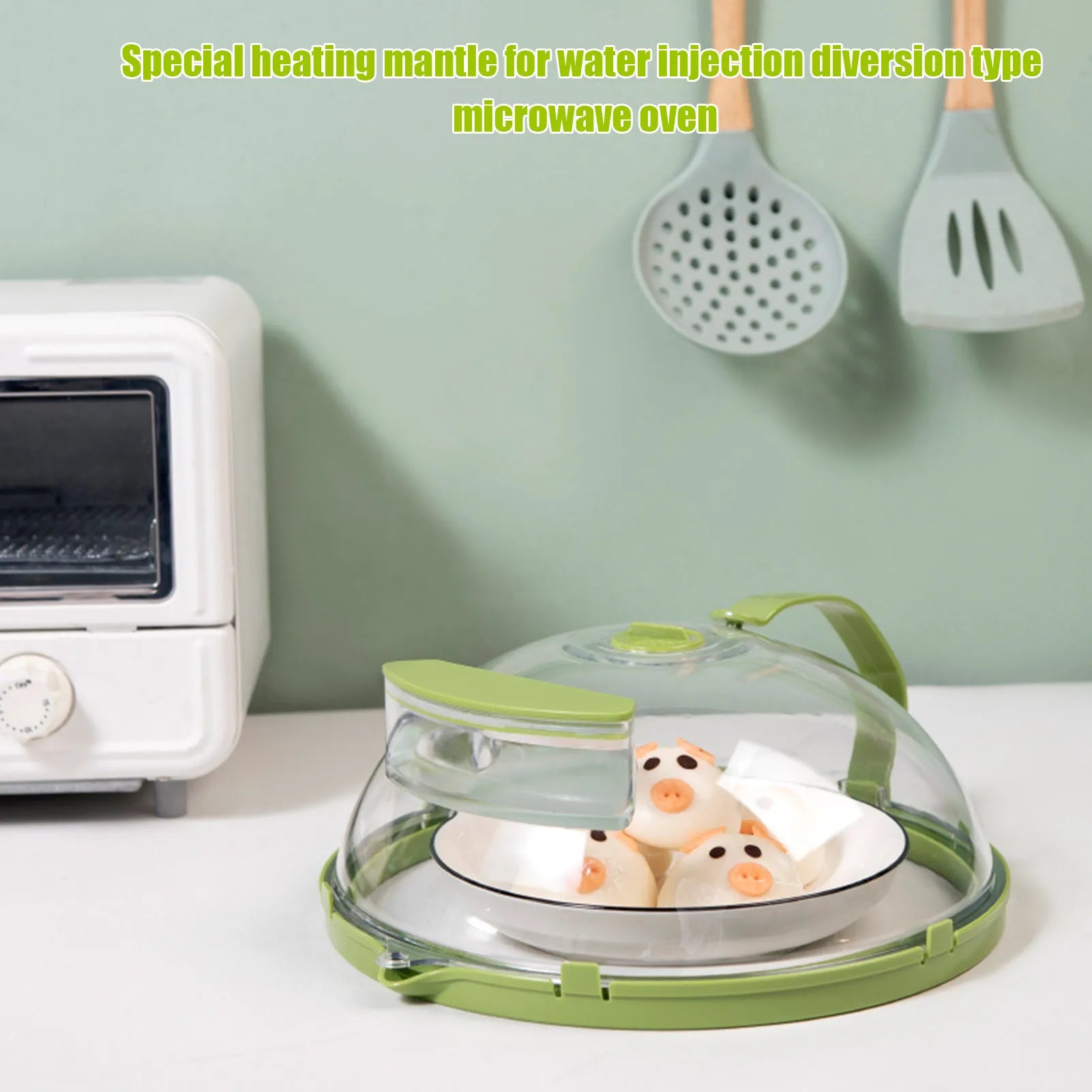 Microwave Food Heating Cover with Water Reservoir - Clear Splashproof Microwave Lid with Green Rim, Adjustable Steam Vent & Ergonomic Handle