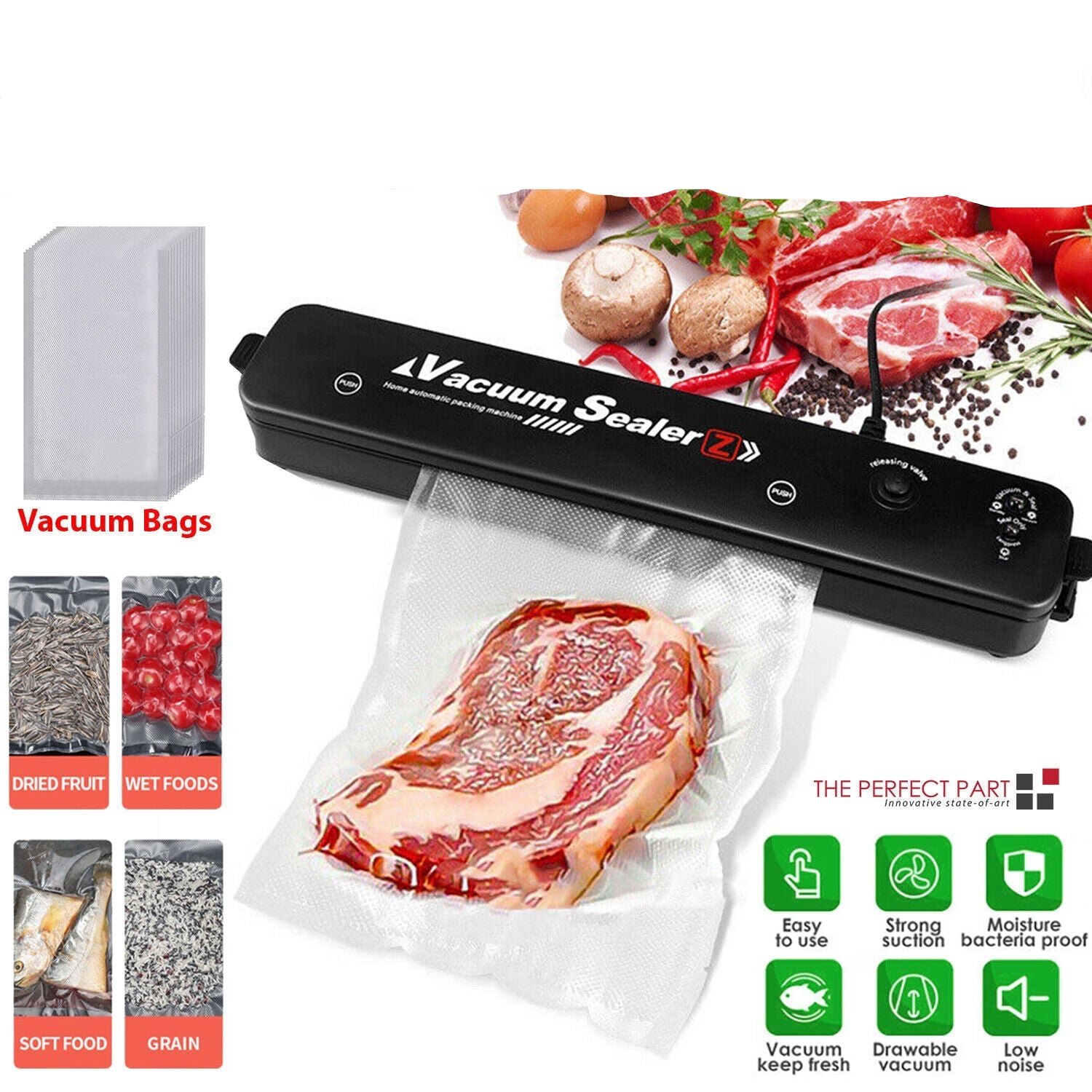 Vacuum Sealer Machine for Food Preservation, Automatic One-Touch Food Saver with Seal Bags — with 15 or 50 Bags