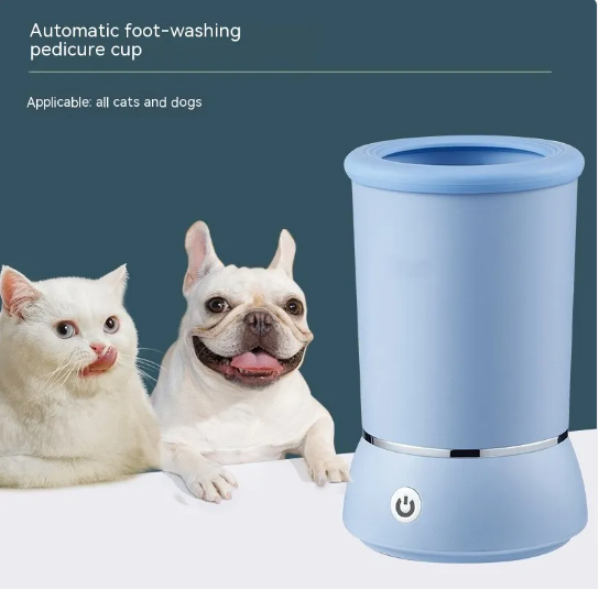 Automatic Pet Paw Cleaner, 360° Rotating Paw Washer Cup with Soft Silicone Bristles for Dogs & Cats — White / Blue