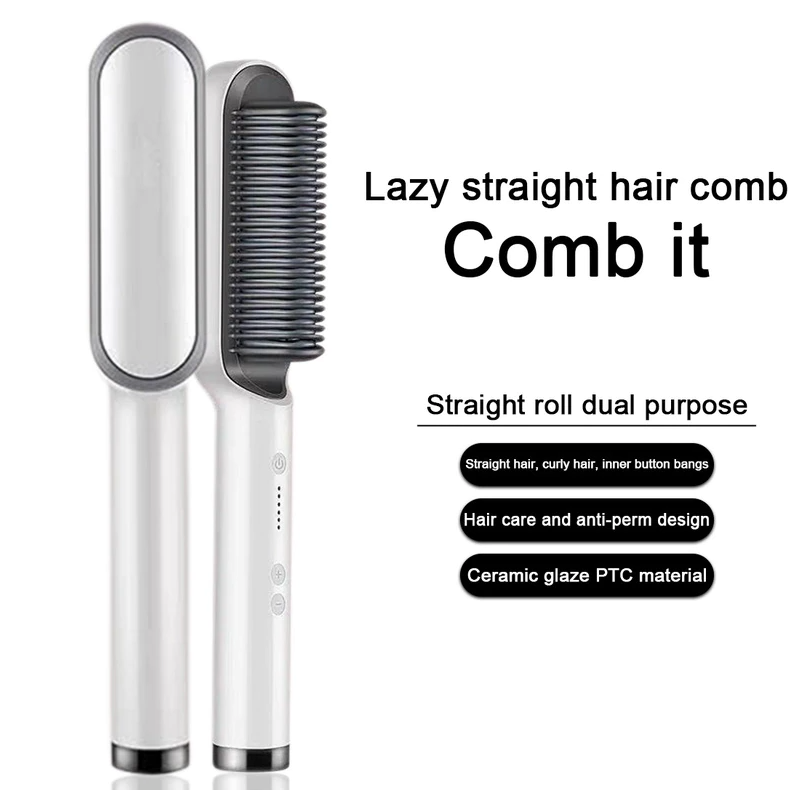 Hair Straightener Brush, 2-in-1 Straightening & Curling Hot Comb with Ceramic PTC Heating, 5 Adjustable Heat Settings & Anti-Scald Design — 4 Colors