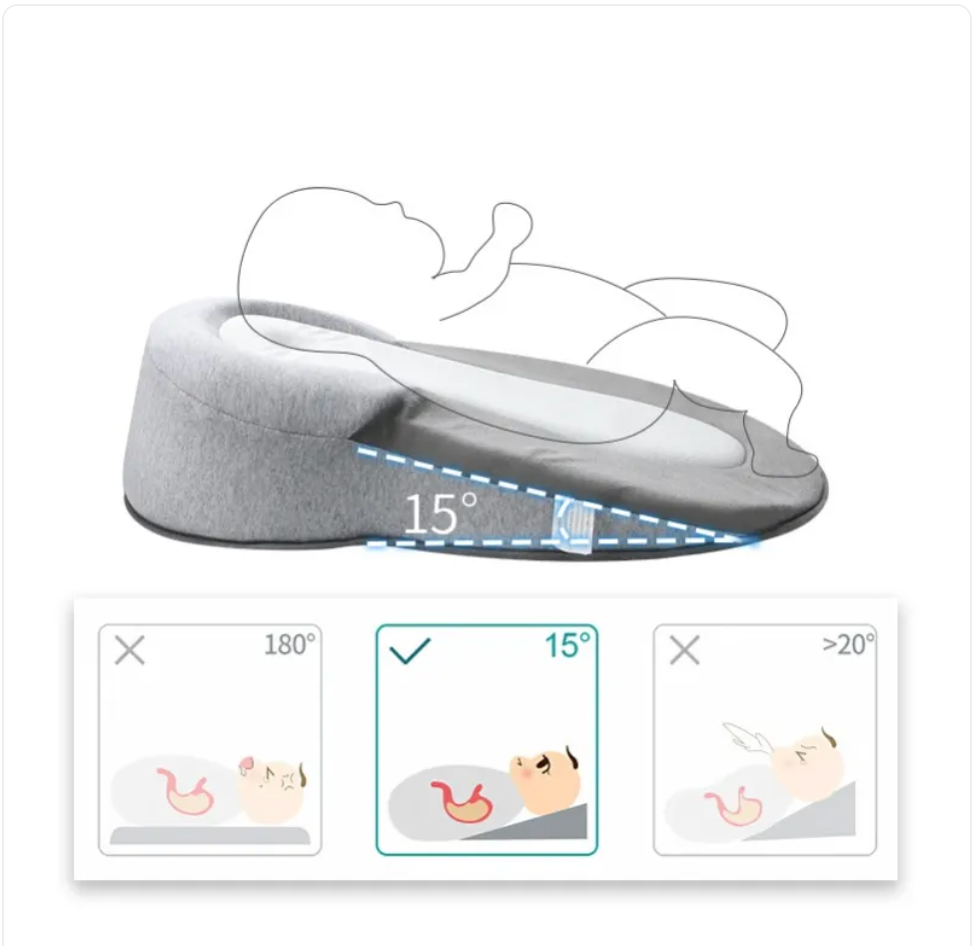 Baby Anti-Spit Up Pillow, 15° Incline Memory Foam Newborn Positioner Nest 60 x 40 x 17 cm — Light Grey, With/Without Safety Strap