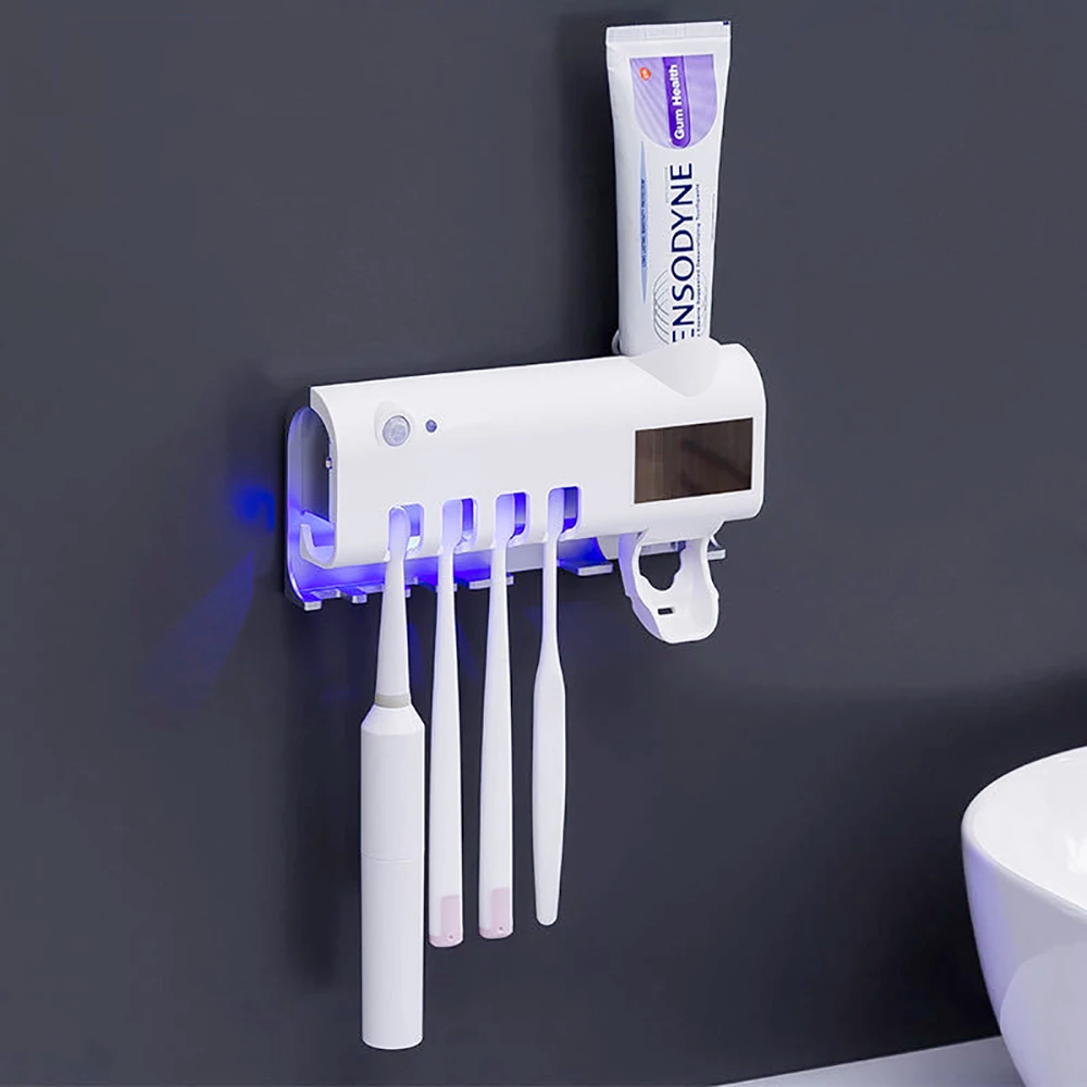 UV Toothbrush Sterilizer Holder & Automatic Toothpaste Dispenser, Wall-Mounted 4-Slot Toothbrush Sanitizer with UV-C Light — White