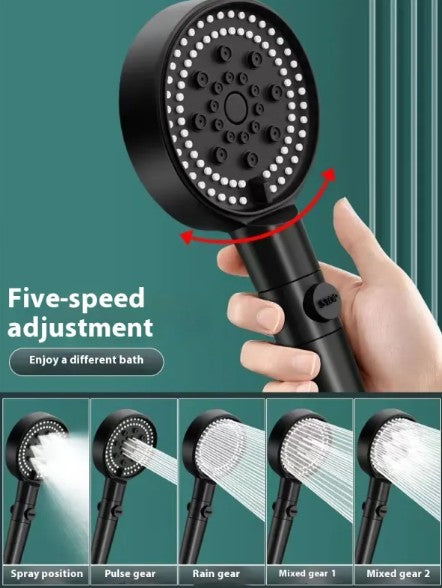 5-Speed High-Pressure Handheld Shower Head, 5 Spray Modes with Self-Cleaning Silicone Nozzles, Water-Saving Tool-Free Install — Black / White