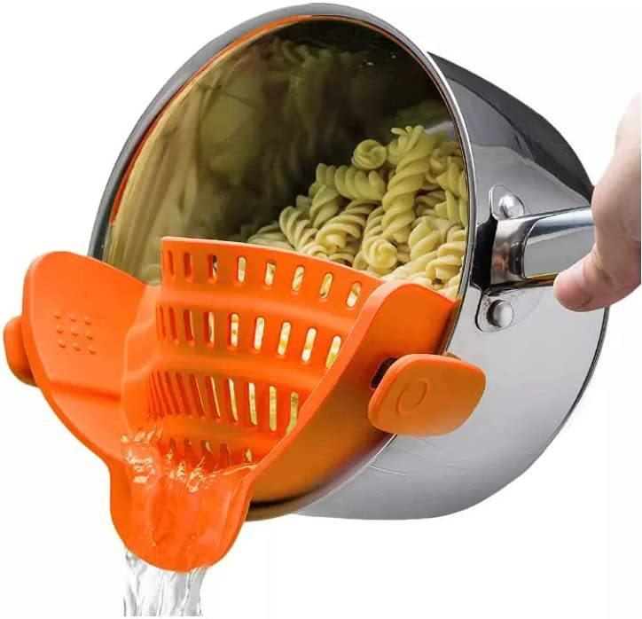 Clip-On Pot Strainer — Flexible Silicone Pan Rim Strainer with Stainless Steel Clips, Drain Pasta & Vegetables Straight From The Pot — 7 Colours