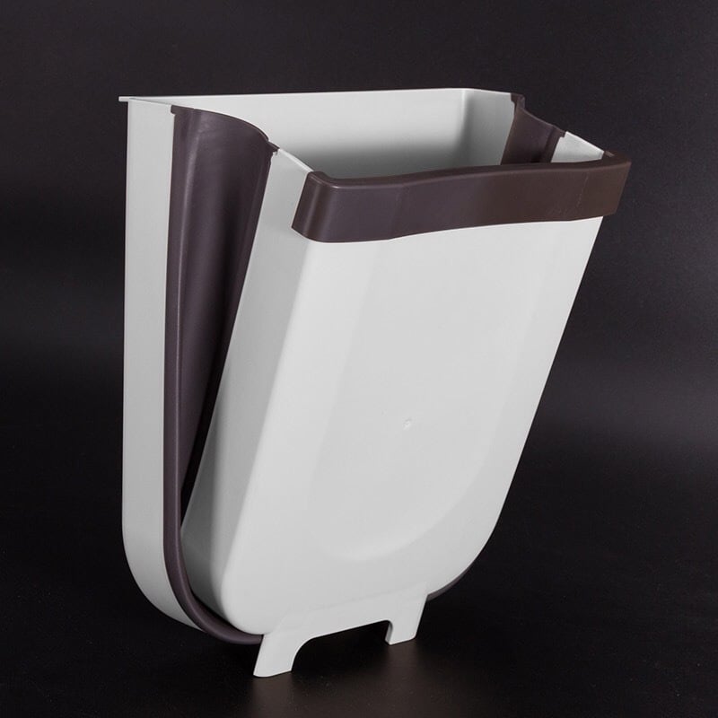 Foldable Wall-Mounted Trash Can, 9L Collapsible Hanging Waste Bin for Kitchen Cabinet Door — Coffee / White