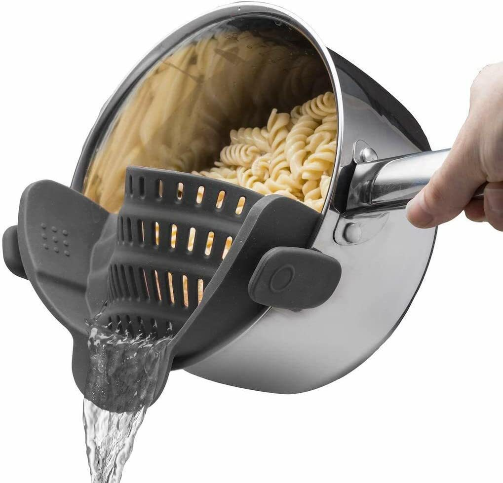 Clip-On Pot Strainer — Flexible Silicone Pan Rim Strainer with Stainless Steel Clips, Drain Pasta & Vegetables Straight From The Pot — 7 Colours
