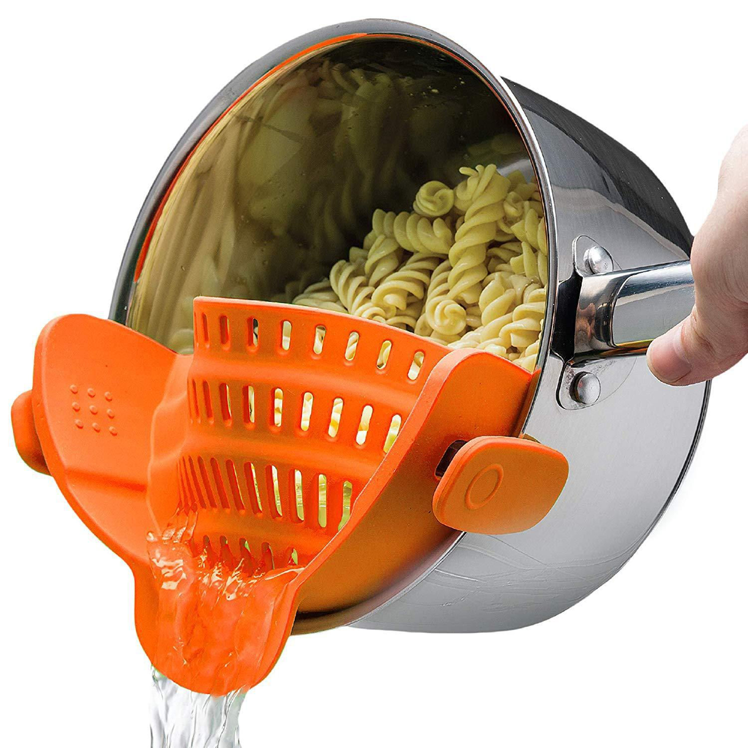 Clip-On Pot Strainer — Flexible Silicone Pan Rim Strainer with Stainless Steel Clips, Drain Pasta & Vegetables Straight From The Pot — 7 Colours
