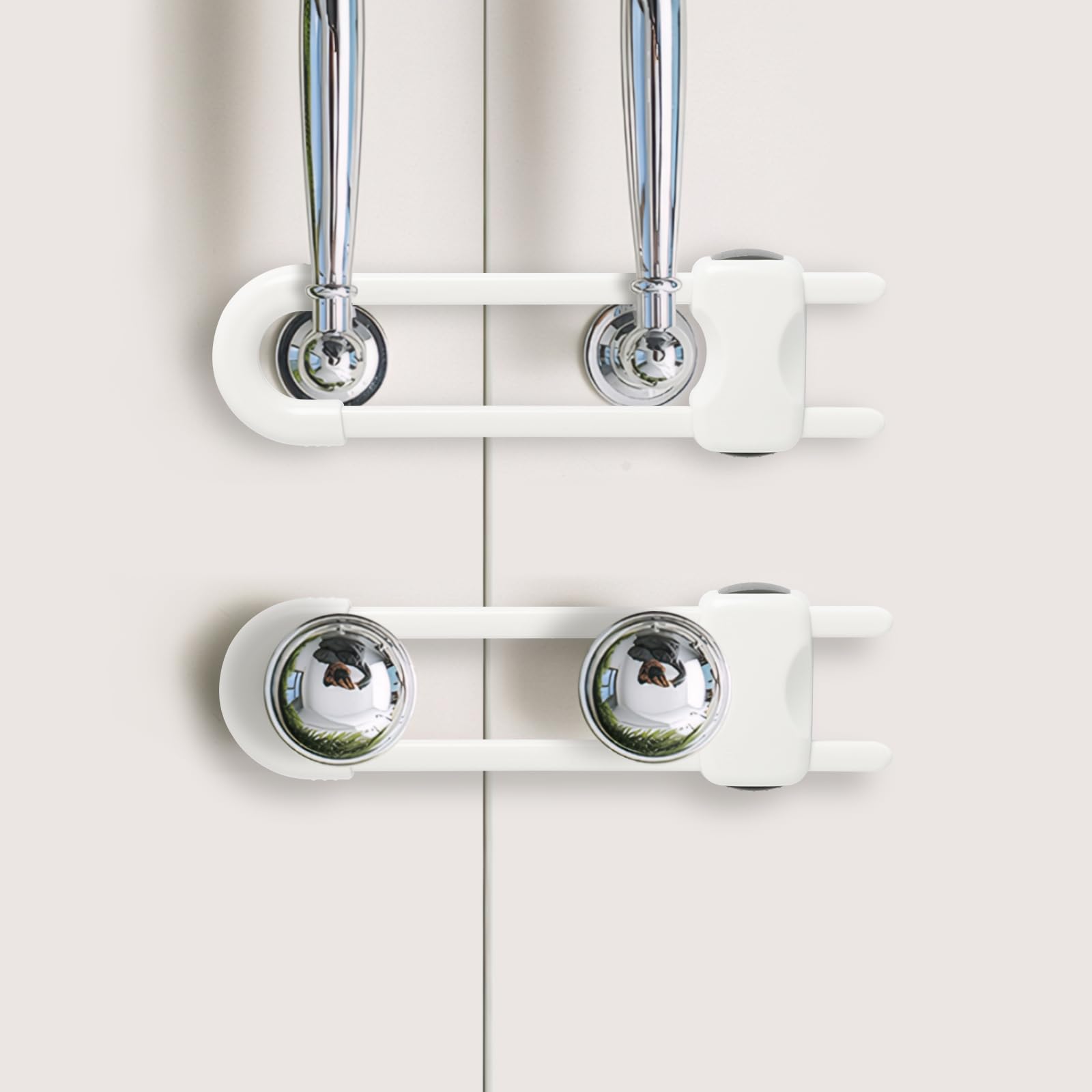 Child Safety Cabinet Lock for Double Doors, Sliding U-Bar Latch That Threads Over Two Knobs or Handles — No Adhesive, No Drilling, No Tools