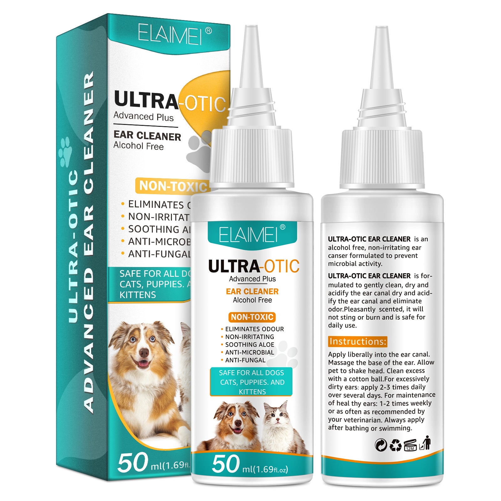 Pet Ear Cleaner 50ml, Gentle Ear Cleaning Solution for Dogs & Cats, Non-Irritating Ear Wash to Remove Dirt — ELAIMEI