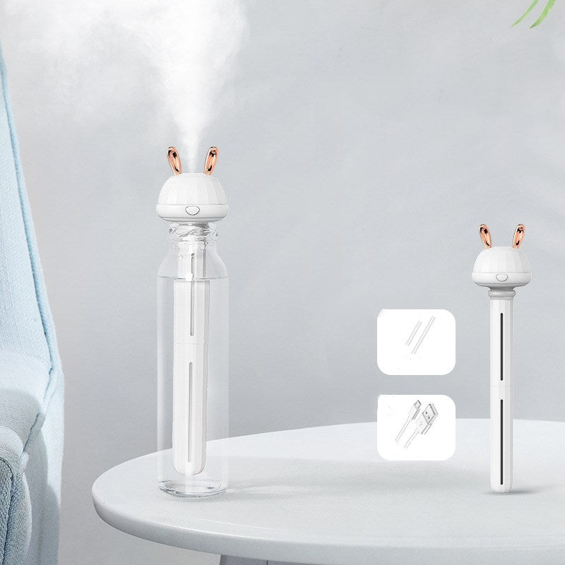 Mini USB Bottle-Cap Humidifier, Cute Rabbit-Ear / Deer-Antler Mist Head with Drop-In Tube for Your Own Bottle or Glass — Fawn / Bunny, White / Pink