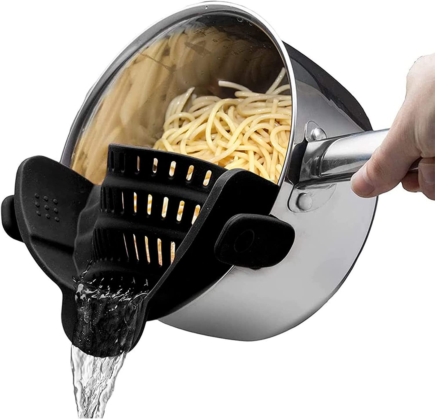 Clip-On Pot Strainer — Flexible Silicone Pan Rim Strainer with Stainless Steel Clips, Drain Pasta & Vegetables Straight From The Pot — 7 Colours