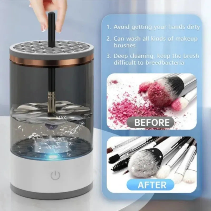 Electric Makeup Brush Cleaning Cup, Countertop Washer with Universal Silicone Cap — Cleans Several Brushes at Once, USB Plug-and-Play — Grey / White