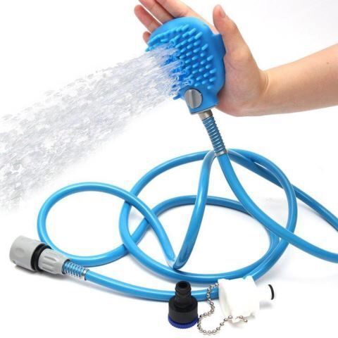 Dog Bath Brush Sprayer, 2-in-1 Pet Shower Scrubber with Hose Attachment, Silicone Massage Hand-Strap Brush with Adjustable Water Flow — Blue