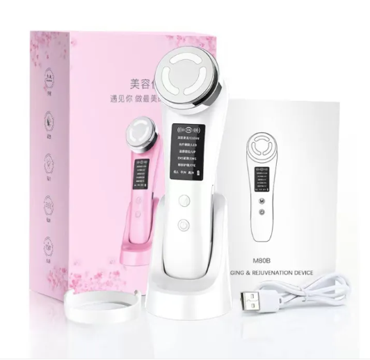 Glow Wave Facial Massager, Microcurrent Face Device with Color Light Therapy & Massage — White / Pink
