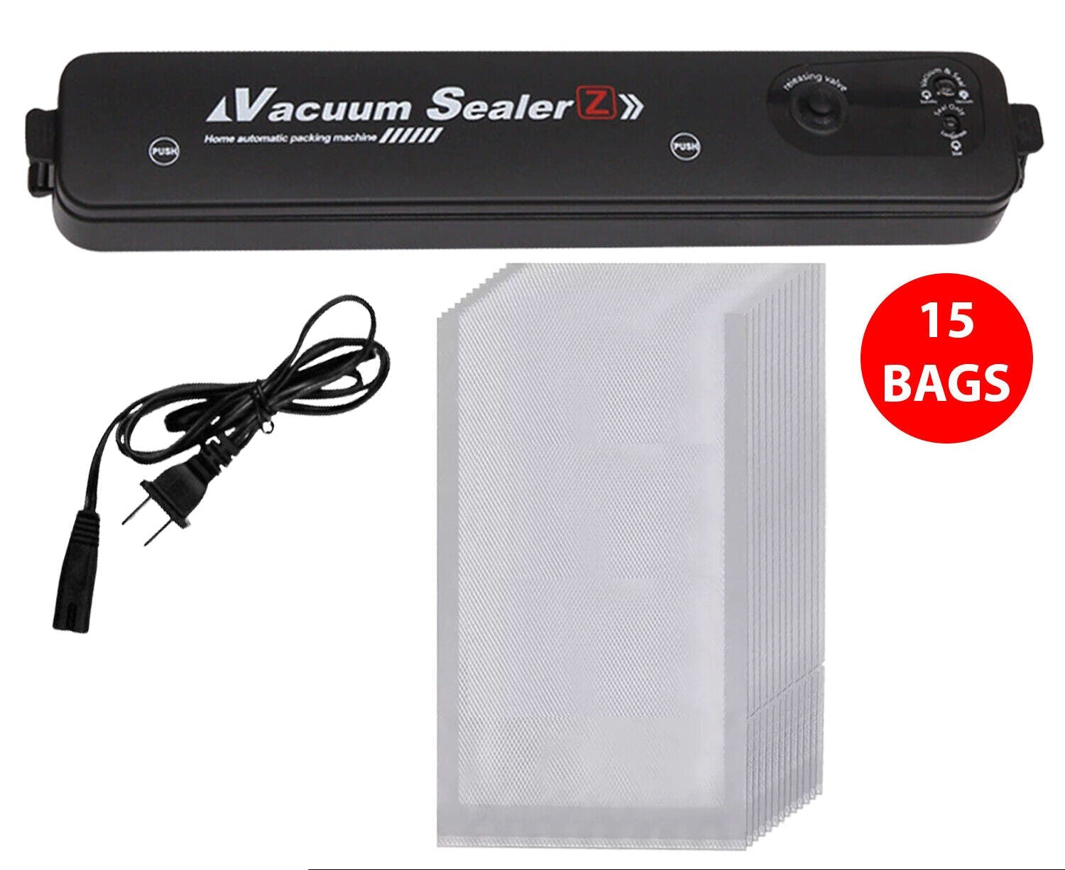 Vacuum Sealer Machine for Food Preservation, Automatic One-Touch Food Saver with Seal Bags — with 15 or 50 Bags