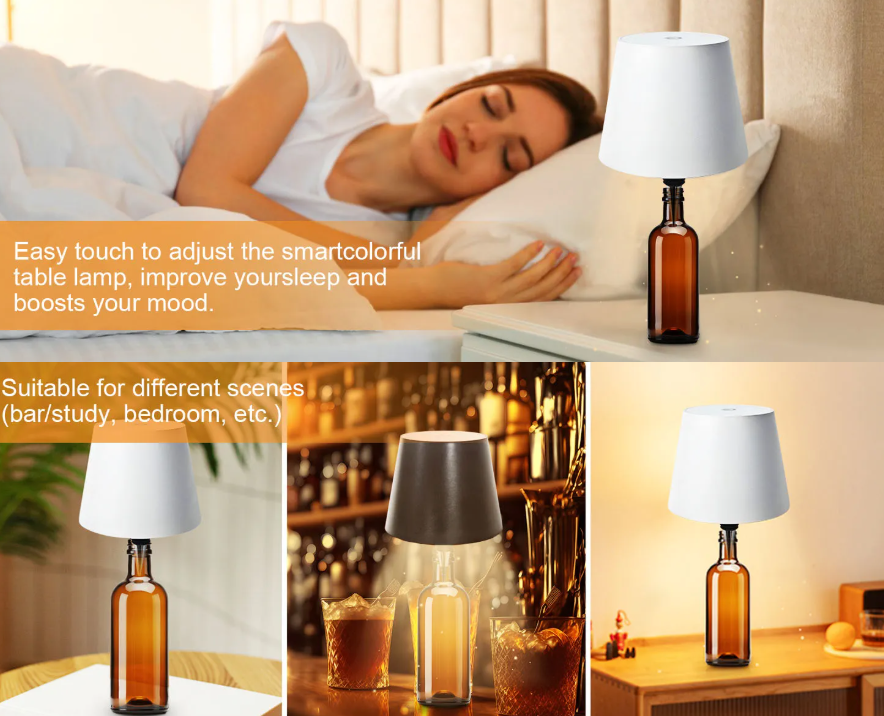 LED Bottle Lamp Rechargeable Dimmable Table Lamp, Wireless Wine Bottle Light Kit with Touch Dimming & 3 Color Modes — Black / White