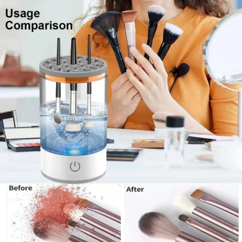 Electric Makeup Brush Cleaning Cup, Countertop Washer with Universal Silicone Cap — Cleans Several Brushes at Once, USB Plug-and-Play — Grey / White