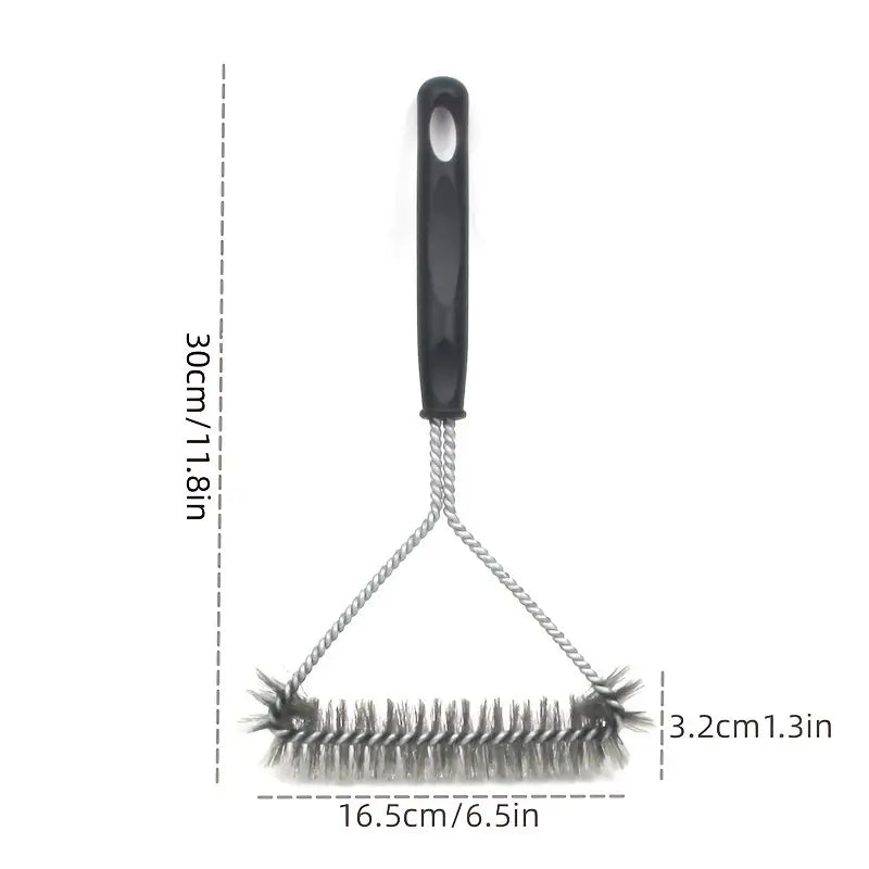 Long-Handled Y-Shaped Grill Cleaning Brush for BBQ, Stainless Steel & Galvanized Twisted Wire Bristles — Black