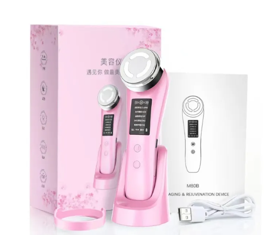Glow Wave Facial Massager, Microcurrent Face Device with Color Light Therapy & Massage — White / Pink