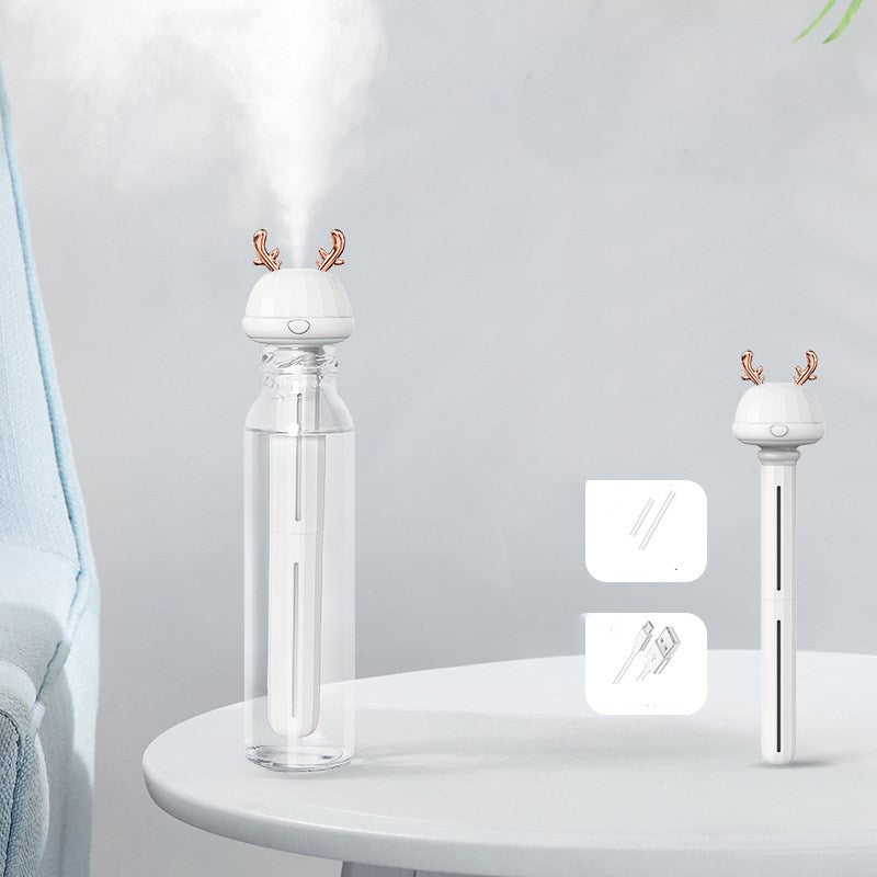 Mini USB Bottle-Cap Humidifier, Cute Rabbit-Ear / Deer-Antler Mist Head with Drop-In Tube for Your Own Bottle or Glass — Fawn / Bunny, White / Pink