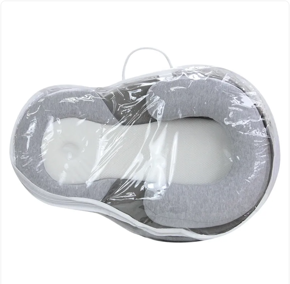 Baby Anti-Spit Up Pillow, 15° Incline Memory Foam Newborn Positioner Nest 60 x 40 x 17 cm — Light Grey, With/Without Safety Strap