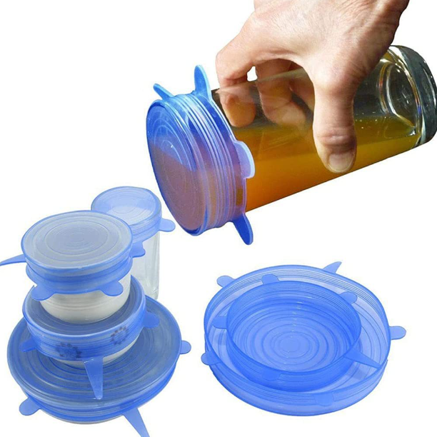 Silicone Stretch Lids, 6-Pack Reusable Food-Grade Covers, Flexible Stretch-Fit Leak-Resistant Lids for Bowls, Containers & Cut Fruit — White / Blue