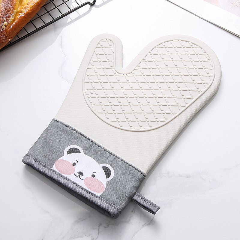 Silicone Non-Slip Insulated Oven Gloves, Food-Grade Heat-Resistant Mitts with Cute Bear Face Design, Easy to Clean — White / Green