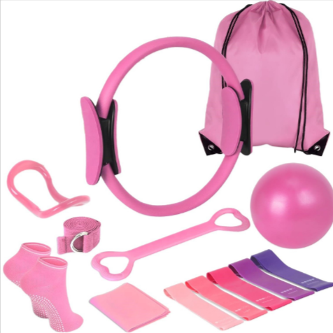 Yoga & Pilates Home Workout Set with Pilates Ring, Resistance Bands, Exercise Ball, Arm Stretcher, Hip Thrust Belt & Stretch Strap — Pink / Purple