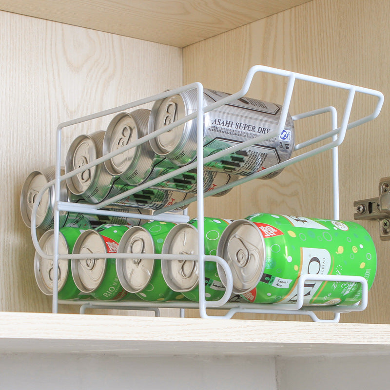 Two-Tier Soda Can Dispenser Rack, Rolling Drinks Can Organizer for Fridge, Cabinet & Pantry — Coated Iron Wire, 28x18x14cm