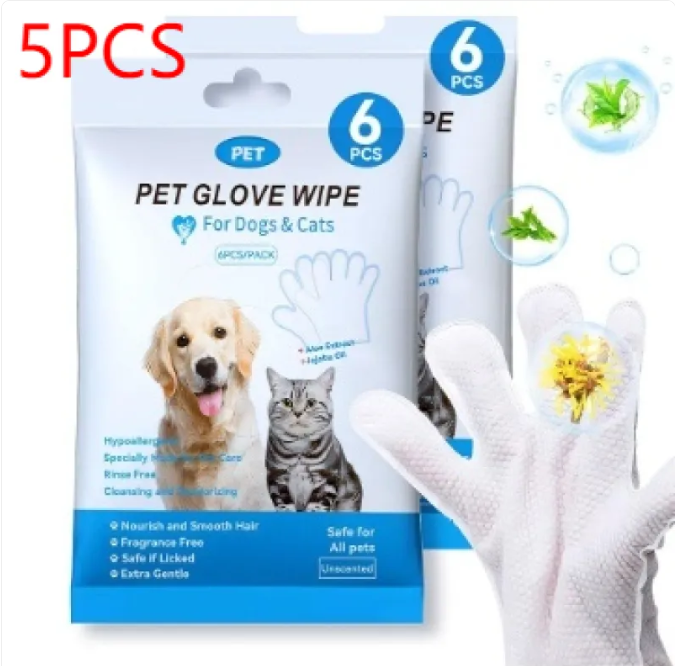 Pet Glove Wipes & Dental Finger Wipes for Cats & Dogs, Gentle No-Rinse Grooming Wipes for Coat, Paws & Teeth — 5/6 pc Packs