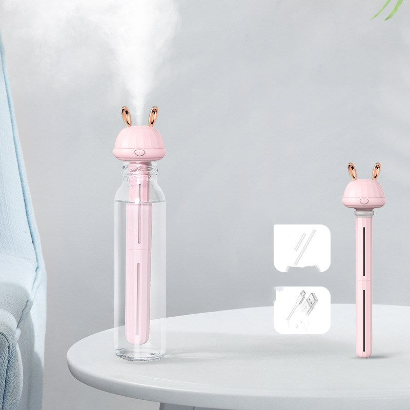 Mini USB Bottle-Cap Humidifier, Cute Rabbit-Ear / Deer-Antler Mist Head with Drop-In Tube for Your Own Bottle or Glass — Fawn / Bunny, White / Pink