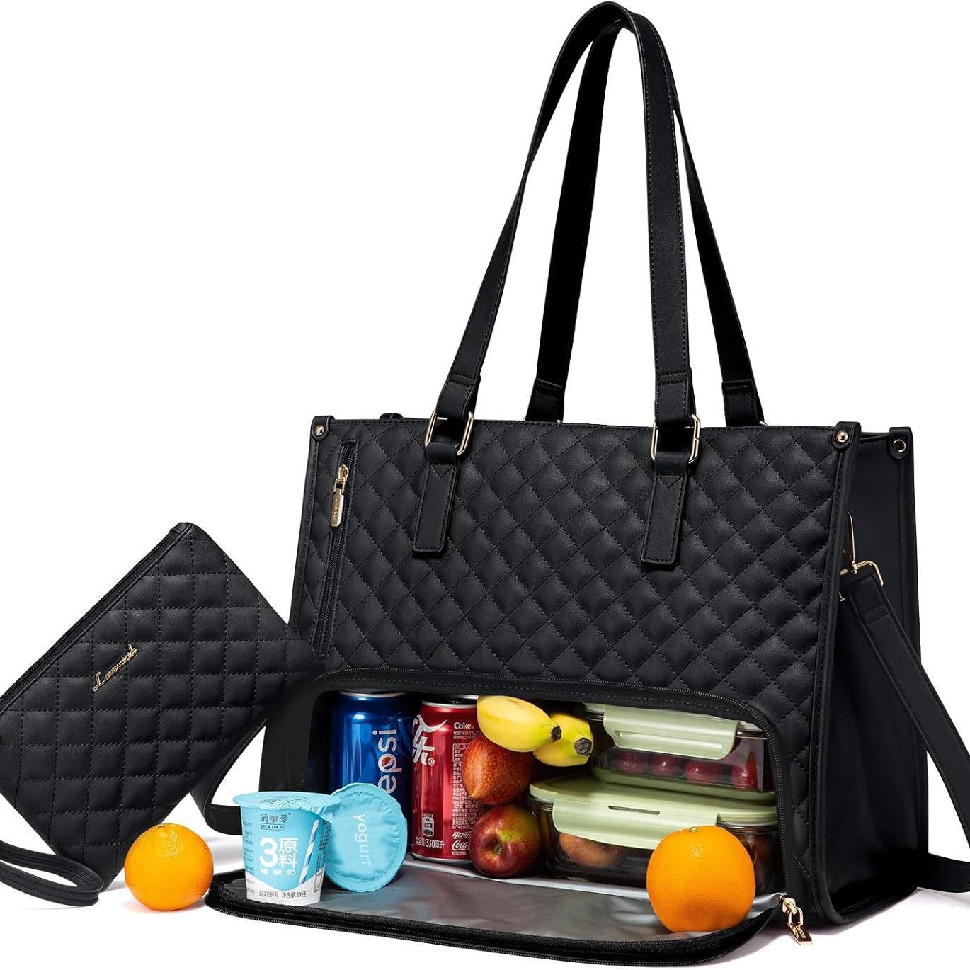 Women's Insulated Lunch Bag, Stylish Water-Resistant Cooler Tote with Separate Top Compartment, Reusable Thermal Lunch Box for Work — Multiple Colors