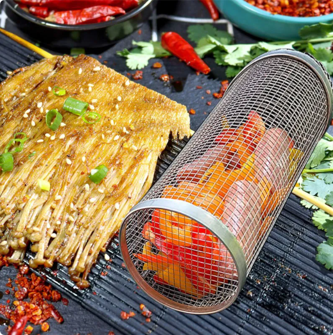 Rolling BBQ Grill Basket, Stainless Steel Mesh Cylinder Grilling Basket for Vegetables, Meatballs, Seafood & Small Foods — 20cm / 30cm, 1-6 Pack